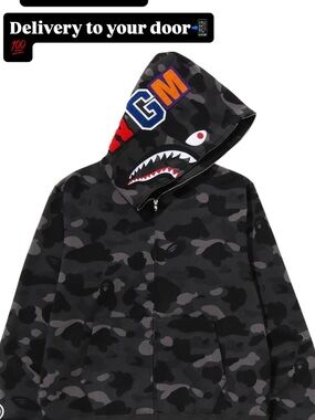 Bape Kids Black/Grey Camo Shark Hooded Puffer Jacket